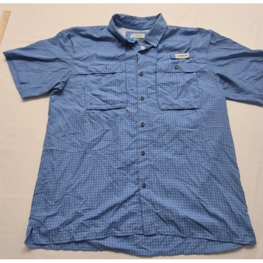 Magellan relaxed fit men's blue checker moisture wicking fishing gear shirt LG‎